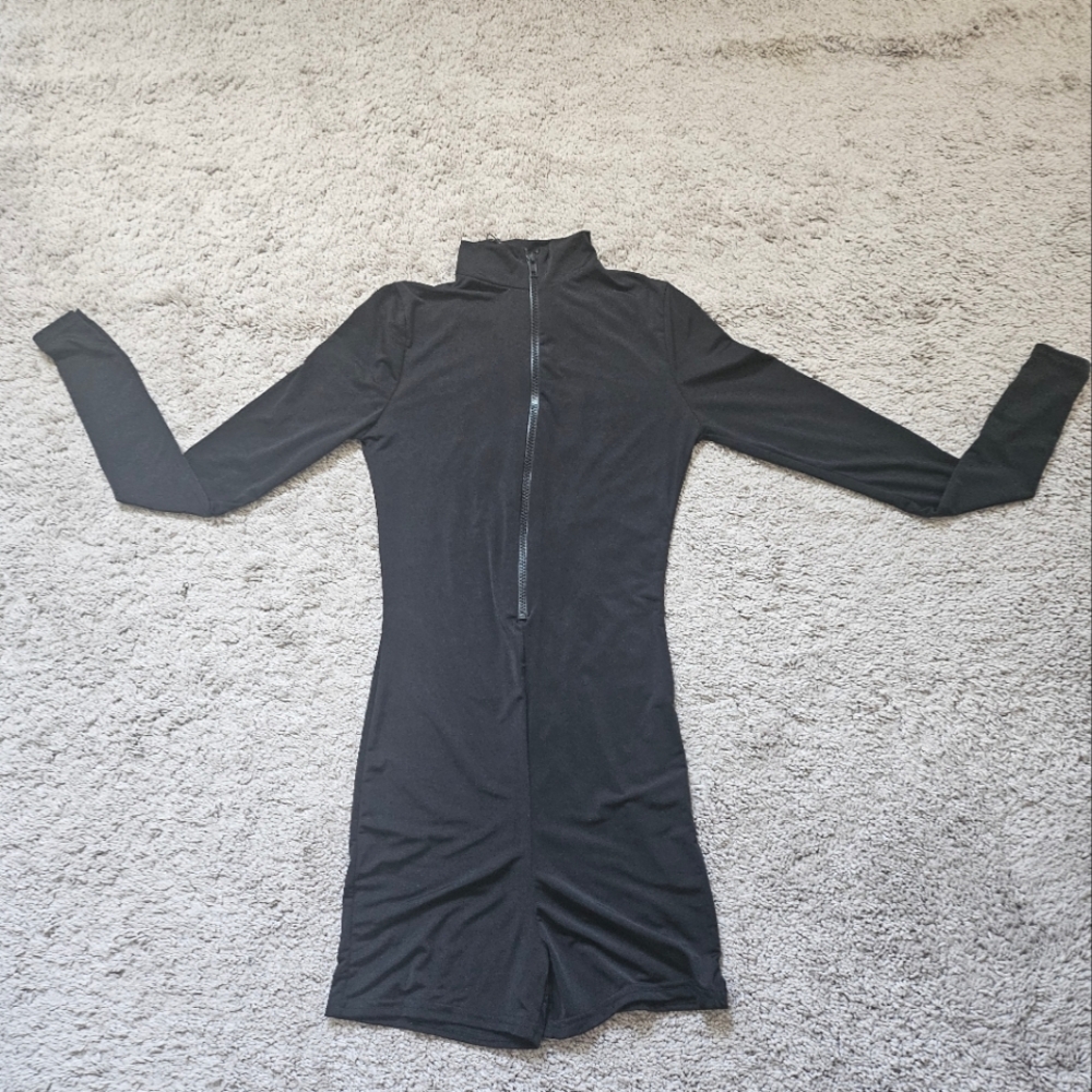 Black Long Sleeve Zip Front Unitard